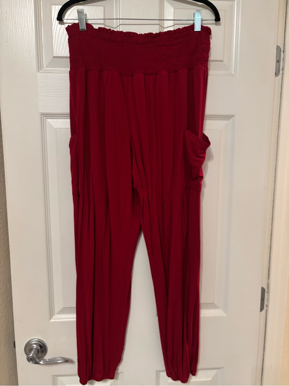 Red Smocked-Waist Women's Harem Pants